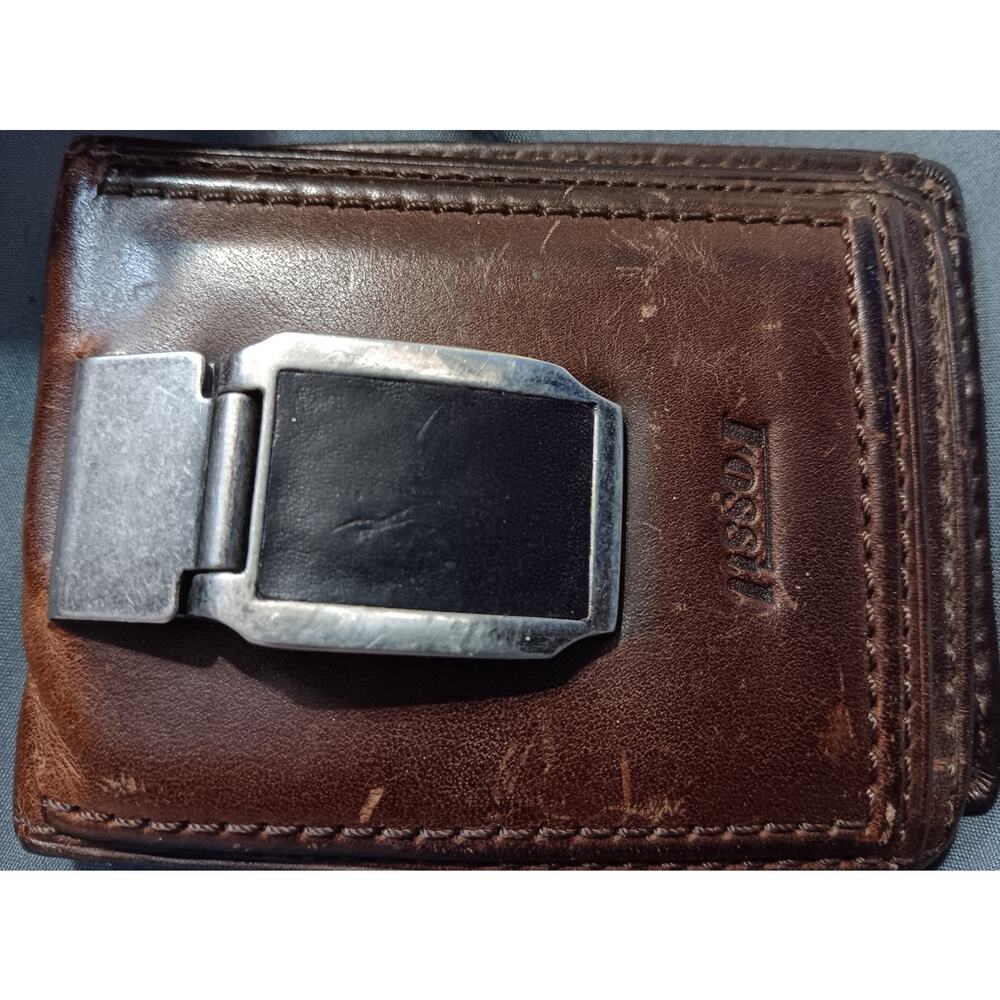 Vintage Fossil Brown Leather Money Clip Wallet Please Note Wear